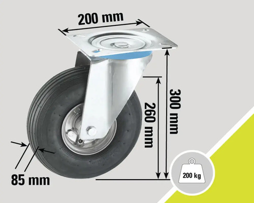 Roată pivotantă cu bandaj din cauciuc, capacitate portantă 200 kg, dimensiuni 200 x 300 mm