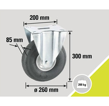 Roată pivotantă cu dimensiunile 200 mm x 85 mm x 300 mm, diametru 260 mm și o capacitate portantă de 200 kg