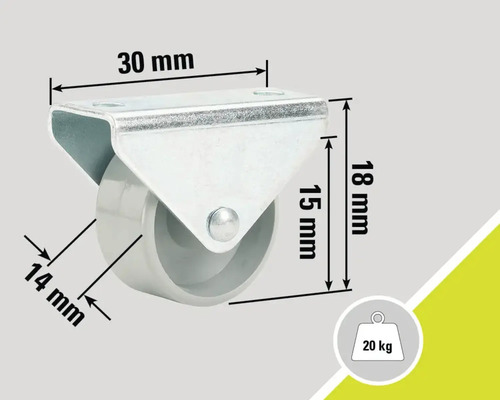 Rotiță pivotantă cu dimensiunile de 30 mm pe 18 mm, diametrul roții de 14 mm, capacitate portantă de 20 kg