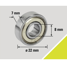 Rulment cu bile cu dimensiunile de 22 mm diametru exterior, 8 mm diametru interior și 7 mm lățime