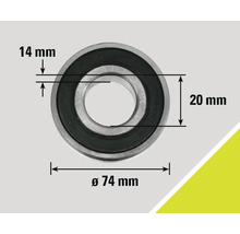 Imaginea unui rulment cu bile cu dimensiunile de 14 milimetri, 20 milimetri și un diametru de 74 milimetri.