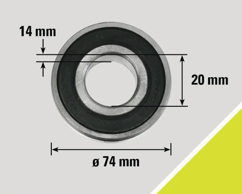 Imaginea unui rulment cu bile cu dimensiunile de 14 milimetri, 20 milimetri și un diametru de 74 milimetri.