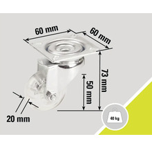 Rotiță pentru mobilă cu o capacitate portantă de 40 de kilograme și dimensiunile de 60 x 60 x 73 milimetri