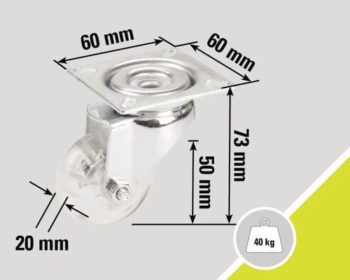 Rotiță pentru mobilă cu o capacitate portantă de 40 de kilograme și dimensiunile de 60 x 60 x 73 milimetri