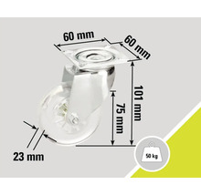 Rotiță pentru mobilă cu dimensiunile 60 mm x 60 mm x 101 mm și o capacitate portantă de 50 de kilograme