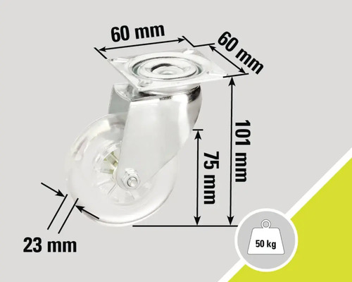 Rotiță pentru mobilă cu dimensiunile 60 mm x 60 mm x 101 mm și o capacitate portantă de 50 de kilograme