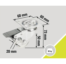 Rotiță pivotantă cu frână, dimensiuni 60 x 60 x 73 mm, dimensiunea roții 50 mm, capacitate portantă 40 kg
