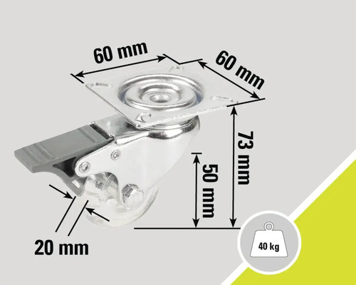 Rotiță pivotantă cu frână, dimensiuni 60 x 60 x 73 mm, dimensiunea roții 50 mm, capacitate portantă 40 kg