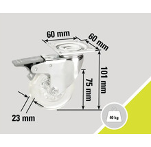 Rotiță pivotantă cu frână și dimensiunile 60 mm, 75 mm, 23 mm și 101 mm, capacitate portantă 40 kg