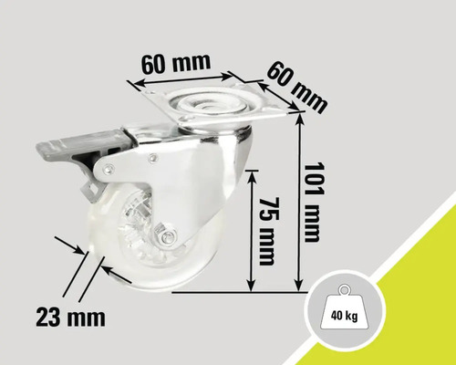 Rotiță pivotantă cu frână și dimensiunile 60 mm, 75 mm, 23 mm și 101 mm, capacitate portantă 40 kg