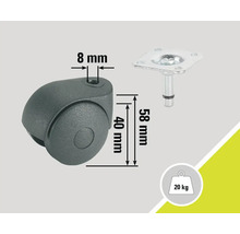 Rotiță pentru mobilă cu placă, șurub 8 mm, diametru roată 40 mm, înălțime construcție 58 mm, capacitate portantă 20 kg