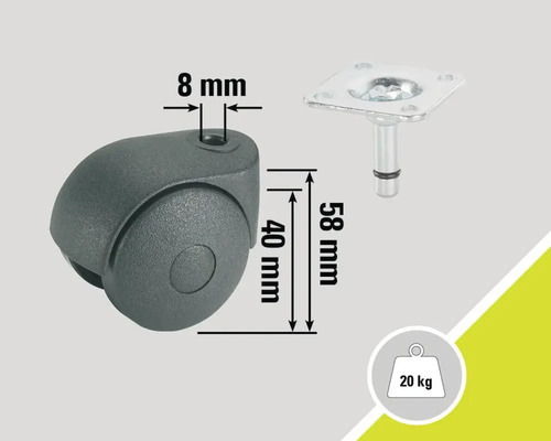 Rotiță pentru mobilă cu placă, șurub 8 mm, diametru roată 40 mm, înălțime construcție 58 mm, capacitate portantă 20 kg