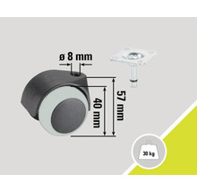 Rotiță pentru mobilă cu tijă și placă, capacitate portantă 30 kg