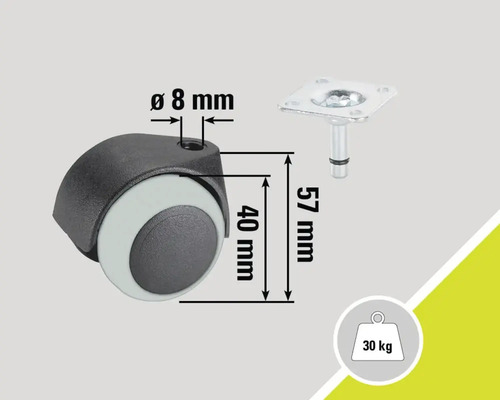 Rotiță pentru mobilă cu tijă și placă, capacitate portantă 30 kg