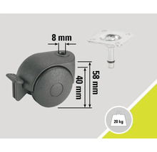 Rotiță pentru mobilă cu frână, diametru tijă 8 milimetri, diametru roată 40 milimetri, lungime tijă 58 milimetri, capacitate portantă 20 kilograme