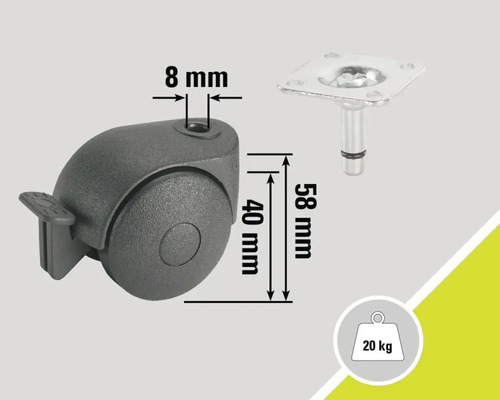 Rotiță pentru mobilă cu frână, diametru tijă 8 milimetri, diametru roată 40 milimetri, lungime tijă 58 milimetri, capacitate portantă 20 kilograme