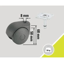 Rotiță pentru mobilă cu știft și placă, capacitate portantă de până la 30 de kilograme