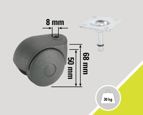 Rotiță pentru mobilă cu știft și placă, capacitate portantă de până la 30 de kilograme