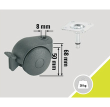 Rotiță pentru mobilă cu frână de blocare și placă de fixare, capacitate portantă de până la 30 kilograme, diametru de 50 milimetri