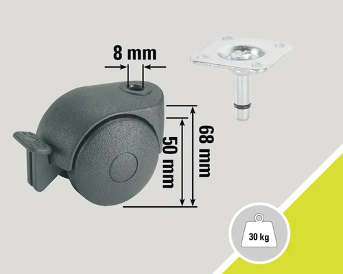 Rotiță pentru mobilă cu frână de blocare și placă de fixare, capacitate portantă de până la 30 kilograme, diametru de 50 milimetri