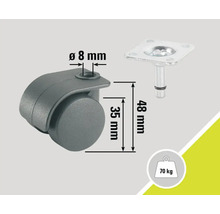 Rotilă pentru mobilă cu placă, capacitate portantă 70 kilograme, diametru 8 milimetri, înălțime 48 milimetri