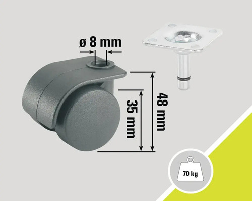 Rotilă pentru mobilă cu placă, capacitate portantă 70 kilograme, diametru 8 milimetri, înălțime 48 milimetri