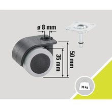 Rotiță pentru mobilă cu știft, înălțime 50 mm și capacitate portantă 70 kilograme