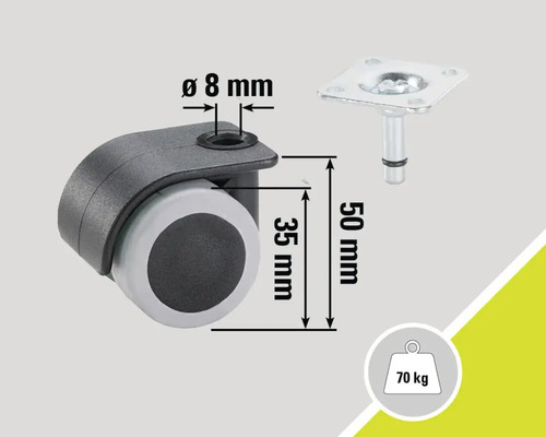 Rotiță pentru mobilă cu știft, înălțime 50 mm și capacitate portantă 70 kilograme