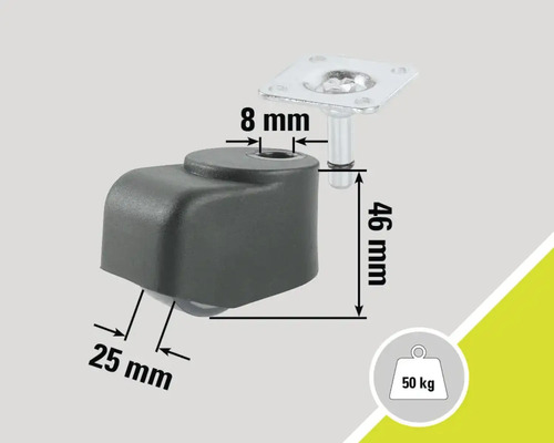Rotiță pentru mobilă cu placă, capacitate portantă de 50 de kilograme și indicații dimensionale