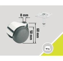 Rotiță pentru mobilă cu o capacitate portantă de 50 kilograme, o înălțime de 60 milimetri și un diametru al tijei de 8 milimetri