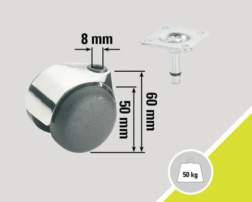 Rotiță pentru mobilă cu o capacitate portantă de 50 kilograme, o înălțime de 60 milimetri și un diametru al tijei de 8 milimetri