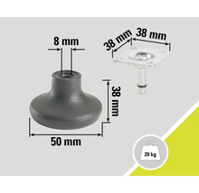 Picior de mobilă cu dimensiunile de 50 milimetri, 8 milimetri și 38 milimetri, capacitate portantă de 20 kilograme