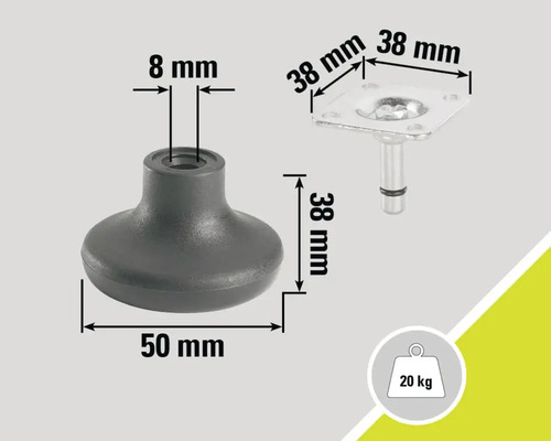 Picior de mobilă cu dimensiunile de 50 milimetri, 8 milimetri și 38 milimetri, capacitate portantă de 20 kilograme