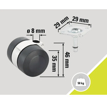 Rotiță pentru mobilă cu placă și dimensiuni tehnice, capacitate portantă 50 kilograme