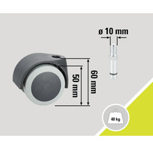 Rotiță pentru scaun cu dimensiunile de 50 de milimetri pe 60 de milimetri, șurub cu diametrul de 10 milimetri și o capacitate de încărcare de până la 40 de kilograme