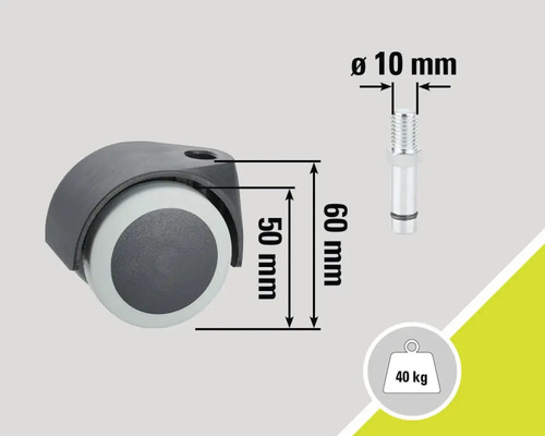 Rotiță pentru scaun cu dimensiunile de 50 de milimetri pe 60 de milimetri, șurub cu diametrul de 10 milimetri și o capacitate de încărcare de până la 40 de kilograme