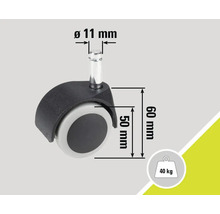 Rotiță pentru scaun cu un diametru de 11 mm, o dimensiune a roții de 50 mm, o înălțime de 60 mm și o capacitate maximă de încărcare de 40 kg