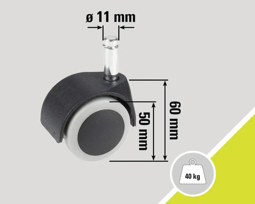 Rotiță pentru scaun cu un diametru de 11 mm, o dimensiune a roții de 50 mm, o înălțime de 60 mm și o capacitate maximă de încărcare de 40 kg