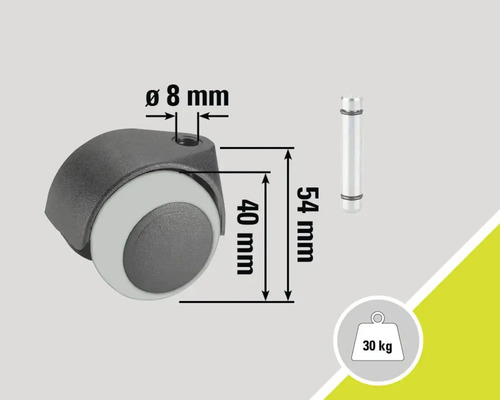 Rotiță pentru mobilă cu dimensiunile diametrul roții de 40 mm, diametrul tijei de 8 mm, lungimea tijei de 54 mm și capacitate portantă de până la 30 kg.