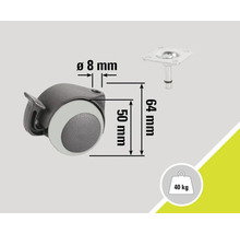 Rotiță de mobilier cu frână și informații despre dimensiuni și capacitatea de încărcare