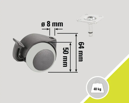 Rotiță de mobilier cu frână și informații despre dimensiuni și capacitatea de încărcare