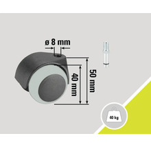 Rotiță pentru mobilă cu știft și o capacitate portantă de 40 de kilograme, diametru de opt milimetri