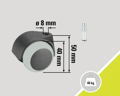 Rotiță pentru mobilă cu știft și o capacitate portantă de 40 de kilograme, diametru de opt milimetri