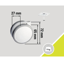 Roată cu dimensiunile de 27 mm lățime, 65 mm diametrul roții și 72 mm înălțime totală