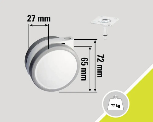 Roată cu dimensiunile de 27 mm lățime, 65 mm diametrul roții și 72 mm înălțime totală