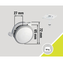 Rotiță pentru mobilă cu frână de parcare și dimensiunile de 27 mm, 65 mm și 72 mm, capacitate maximă de încărcare 50 kilograme