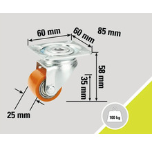 Rată cu placă și dimensiunile 60 mm, 85 mm, 58 mm, 35 mm și 25 mm, sarcină maximă 100 kg