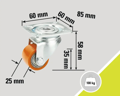 Rată cu placă și dimensiunile 60 mm, 85 mm, 58 mm, 35 mm și 25 mm, sarcină maximă 100 kg
