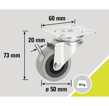 "Rotiță pivotantă cu dimensiunile de 73 mm înălțime, 50 mm diametru roată, 20 mm lățime roată și 60 mm dimensiunea plăcii