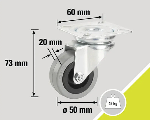 "Rotiță pivotantă cu dimensiunile de 73 mm înălțime, 50 mm diametru roată, 20 mm lățime roată și 60 mm dimensiunea plăcii